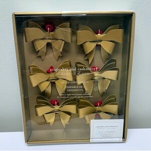 New! Cupcakes and Cashmere set of 6 Dimensional Gold Bow Ornaments w/ Red Ribbon